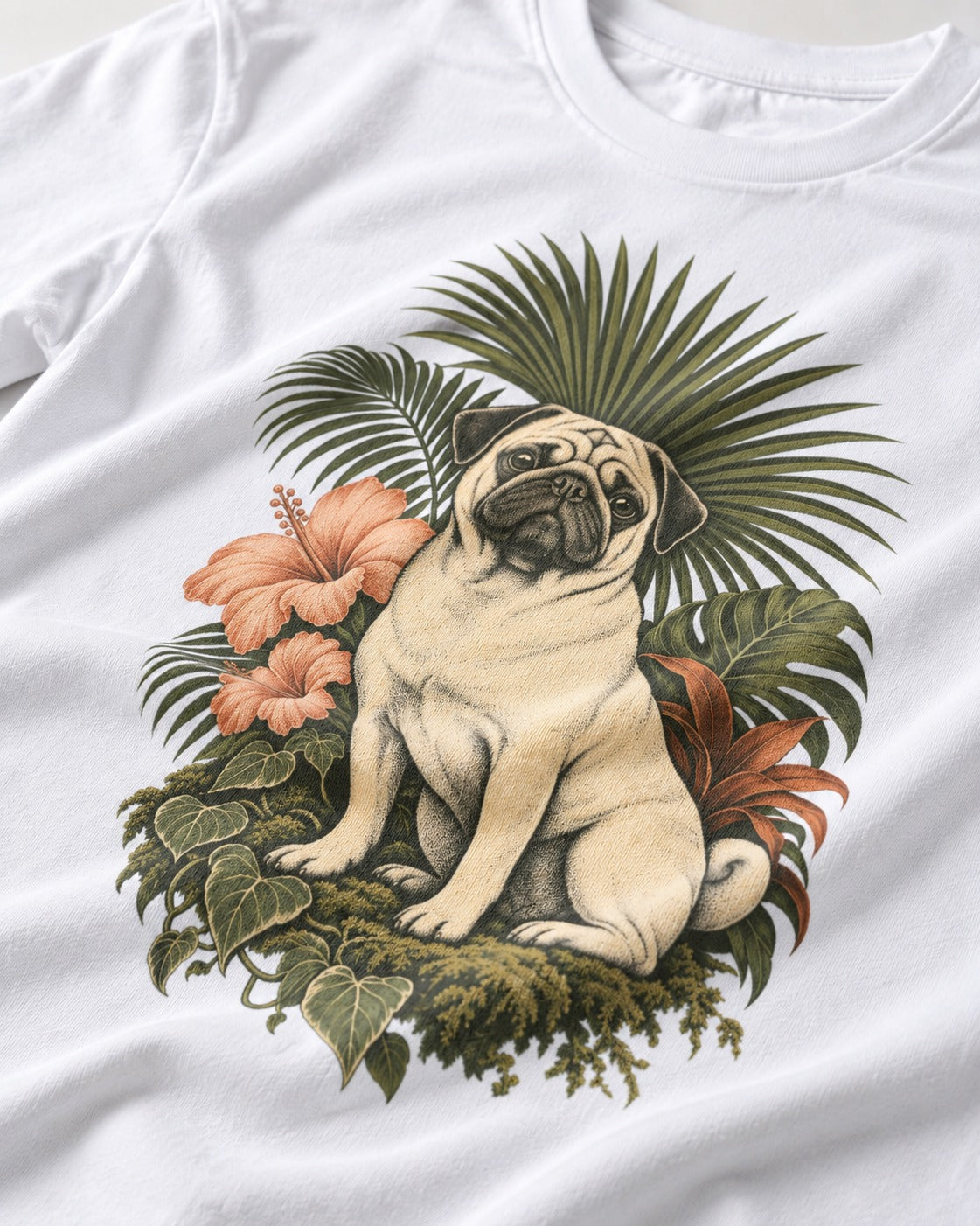 Pug Paradise T-Shirt in White, close-up of the graphic