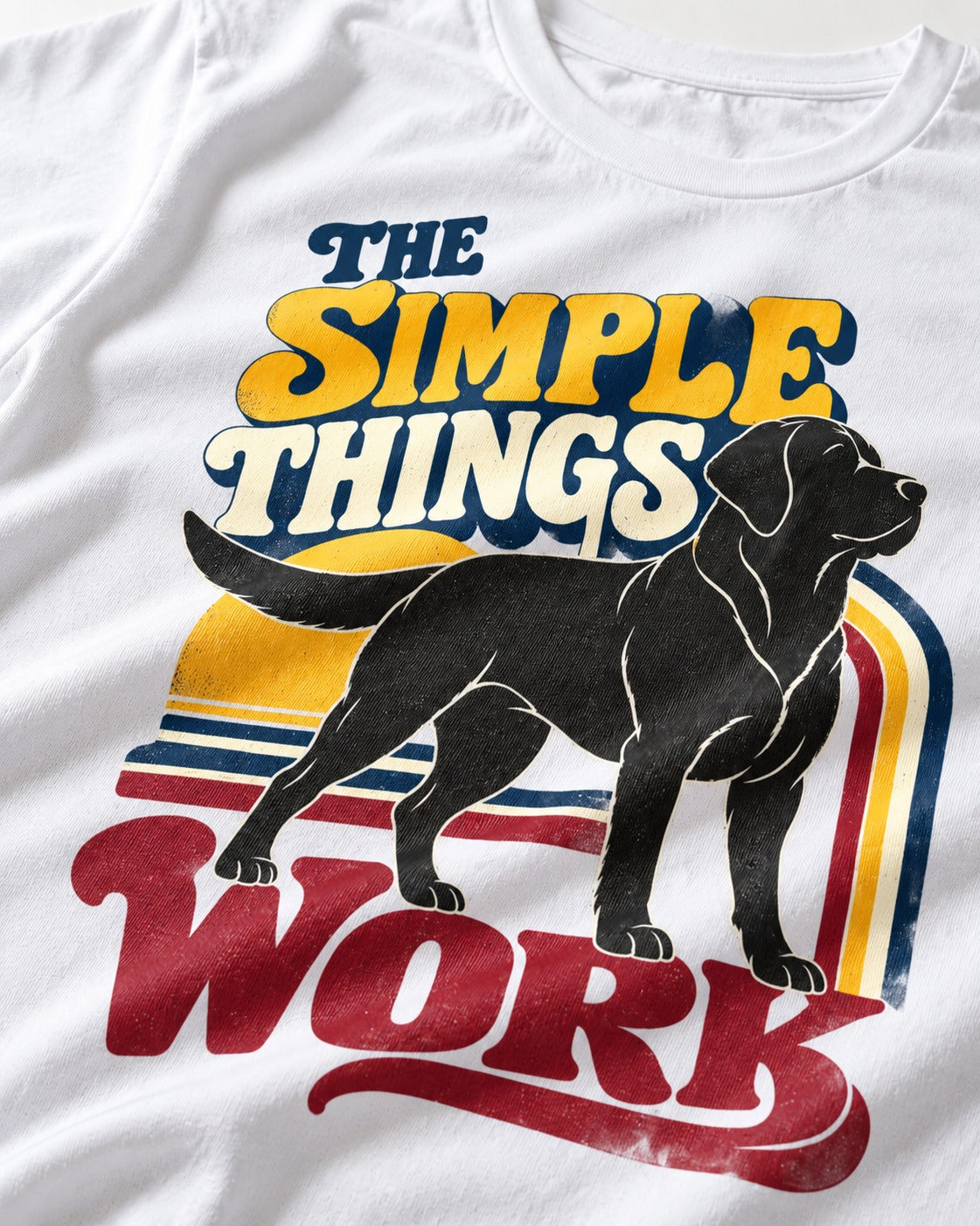 The Simple Things Work Labrador Retriever T-Shirt in White, close-up of the graphic