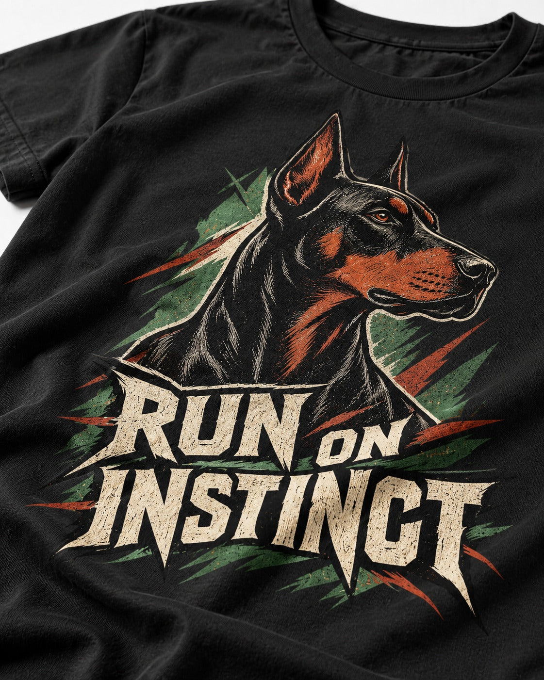 Doberman Run on Instinct Brush Slash Graphic T-Shirt in Black, close-up of the graphic