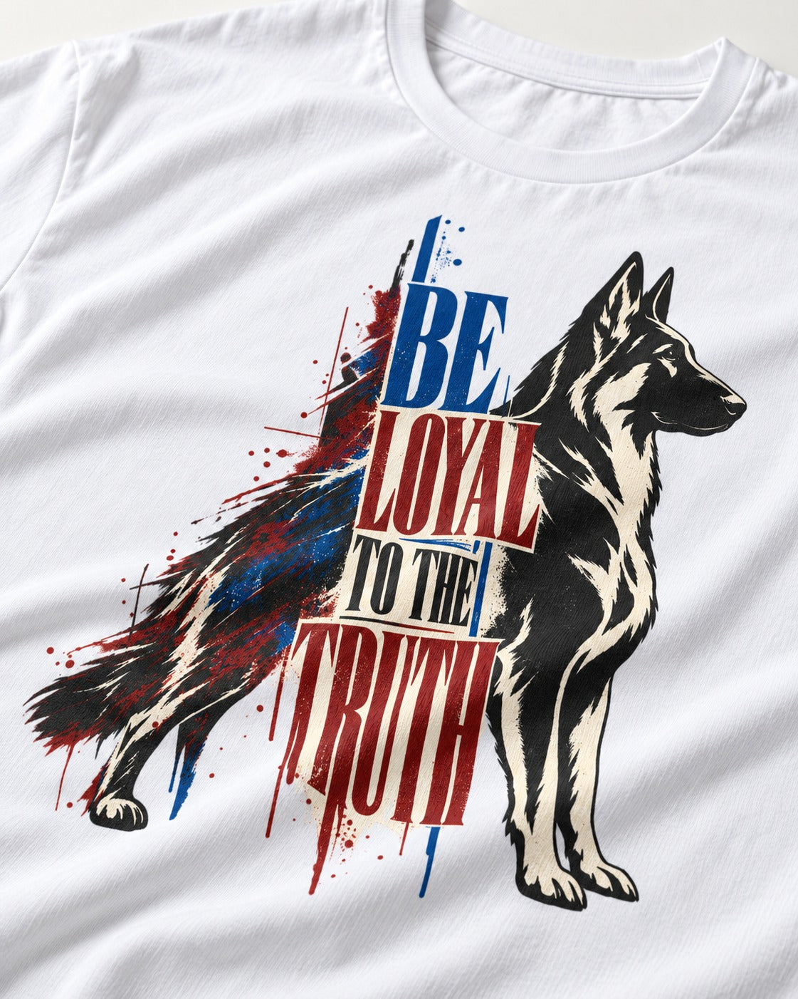 Loyal to the Truth German Shepherd Dog T-Shirt in White, close-up of the graphic
