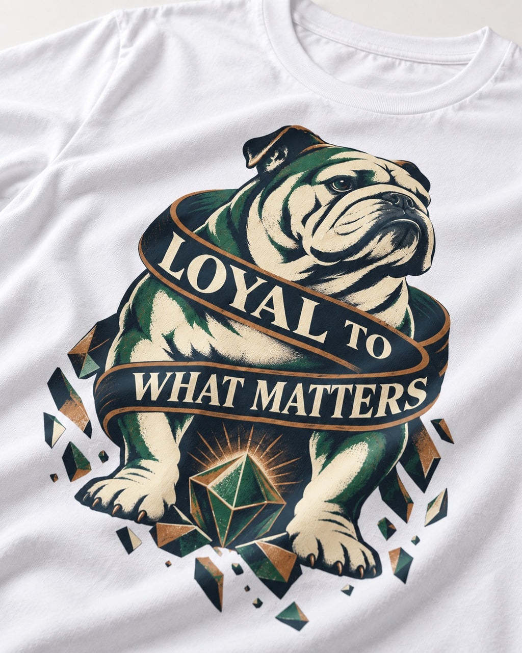 Loyal to What Matters English Bulldog T-Shirt in White, close-up of the graphic
