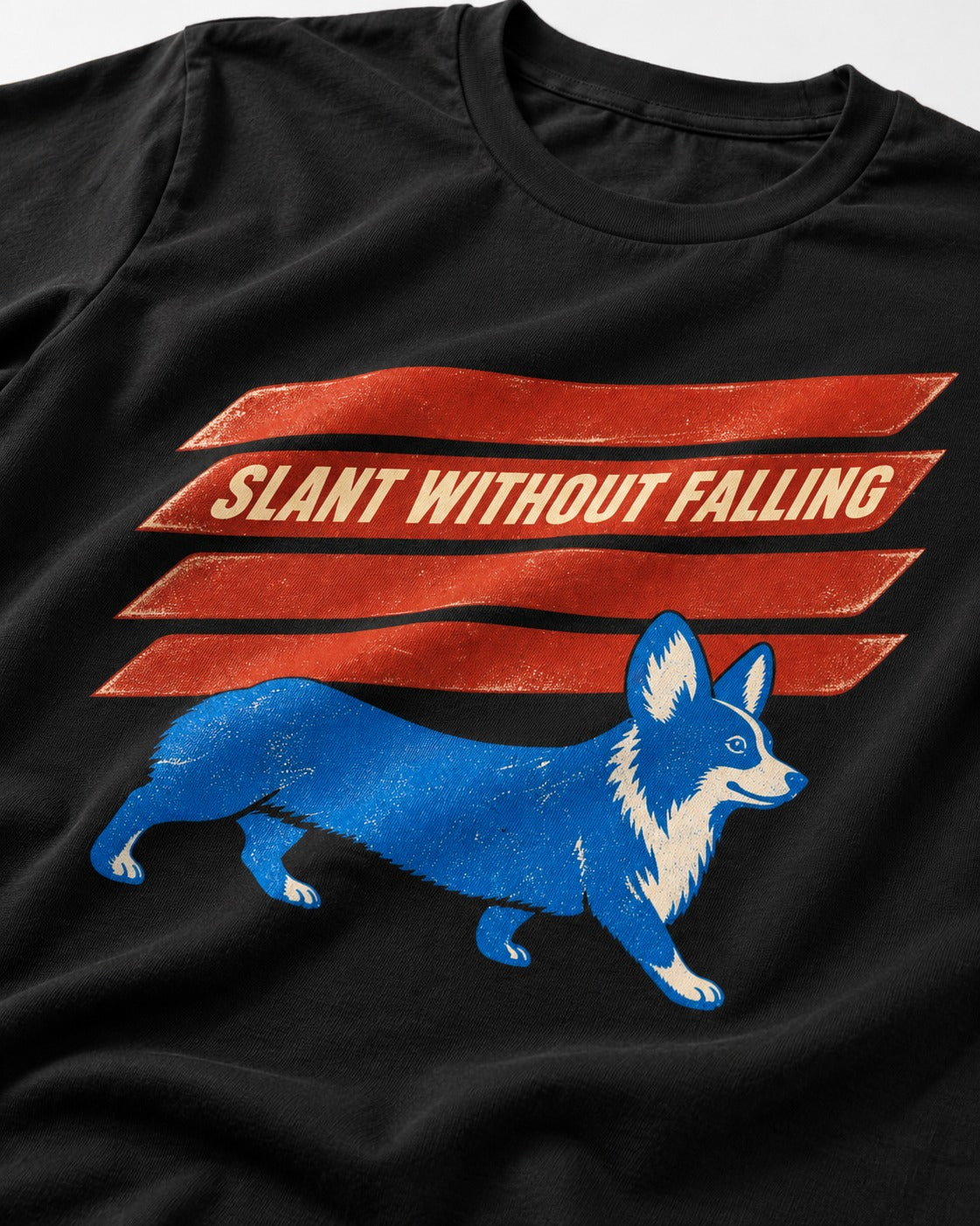 Corgi Slant Without Falling Speed Graphic T-Shirt in Black, close-up of the graphic