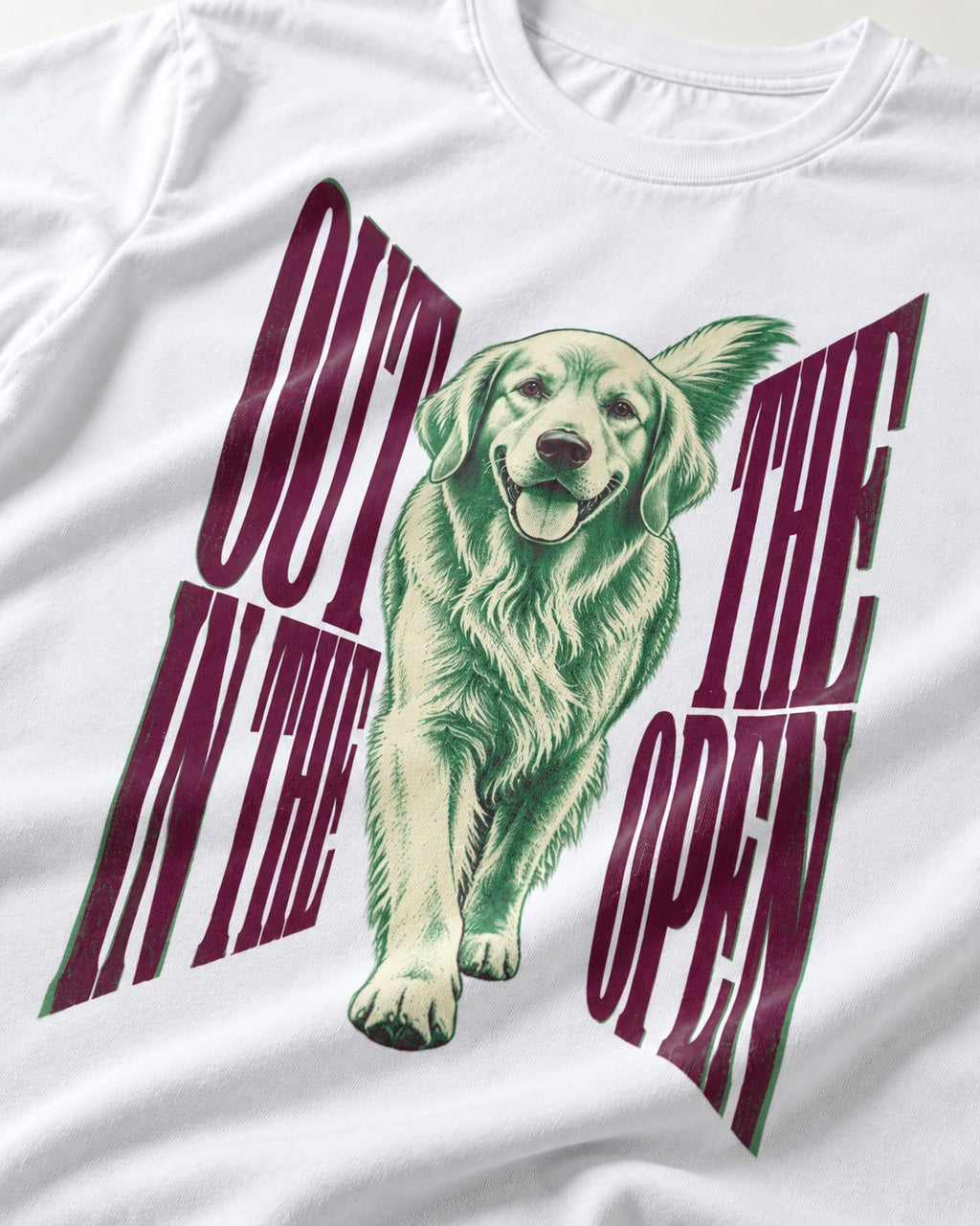 Golden Retriever Out in the Open T-Shirt in White, close-up of the graphic