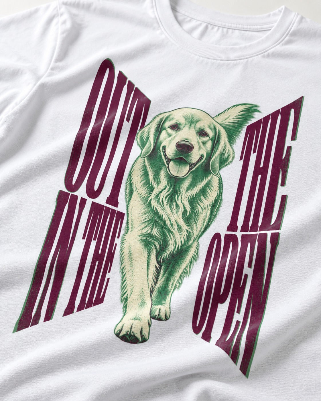 Golden Retriever Out in the Open T-Shirt in White, close-up of the graphic