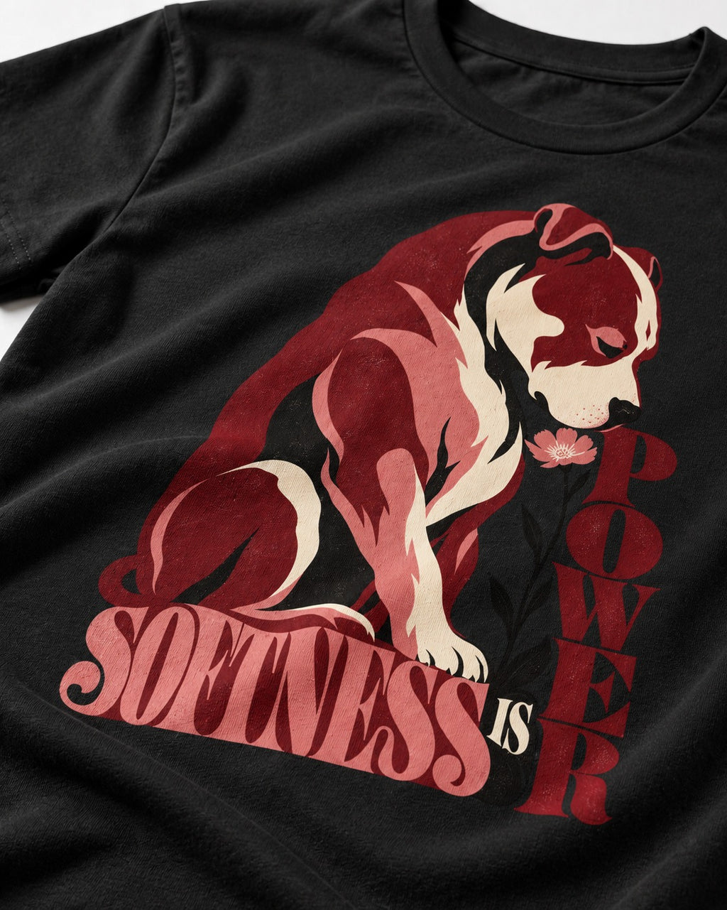 Pitbull Softness Is Power Flower Graphic T-Shirt in Black, close-up of the graphic