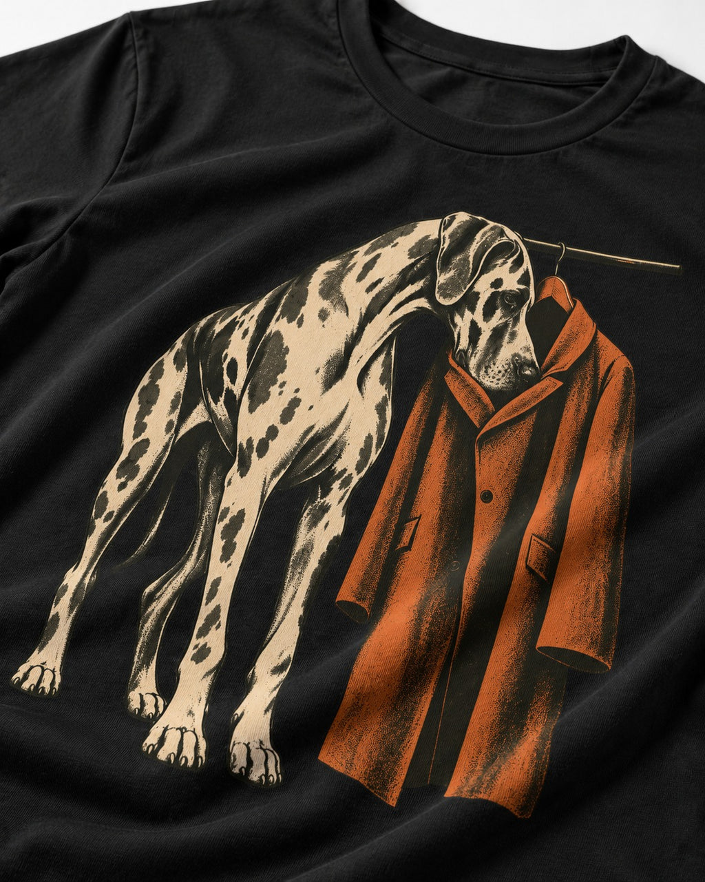 Great Dane Harlequin Coat Rack Overcoat Graphic T-Shirt in Black, close-up of the graphic