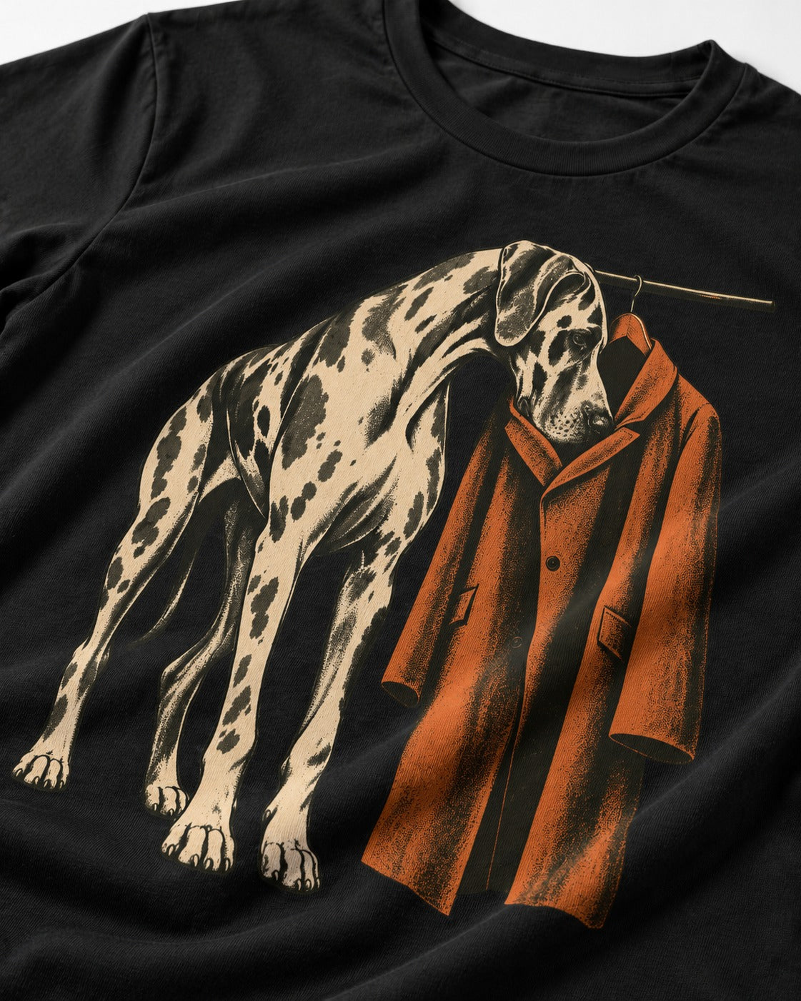 Great Dane Harlequin Coat Rack Overcoat Graphic T-Shirt in Black, close-up of the graphic