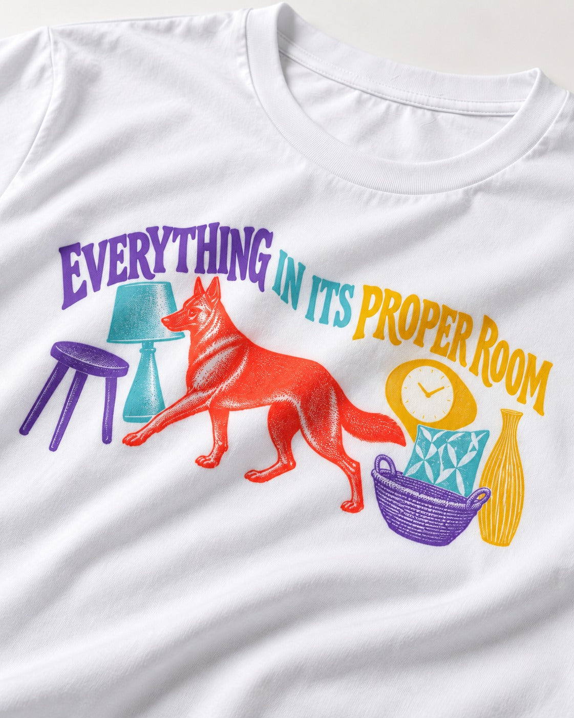 German Shepherd Dog In Its Proper Room T-Shirt in White, close-up of the graphic