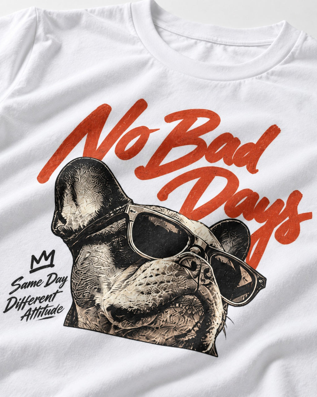 Frenchie No Bad Days T-Shirt in White, close-up of the graphic