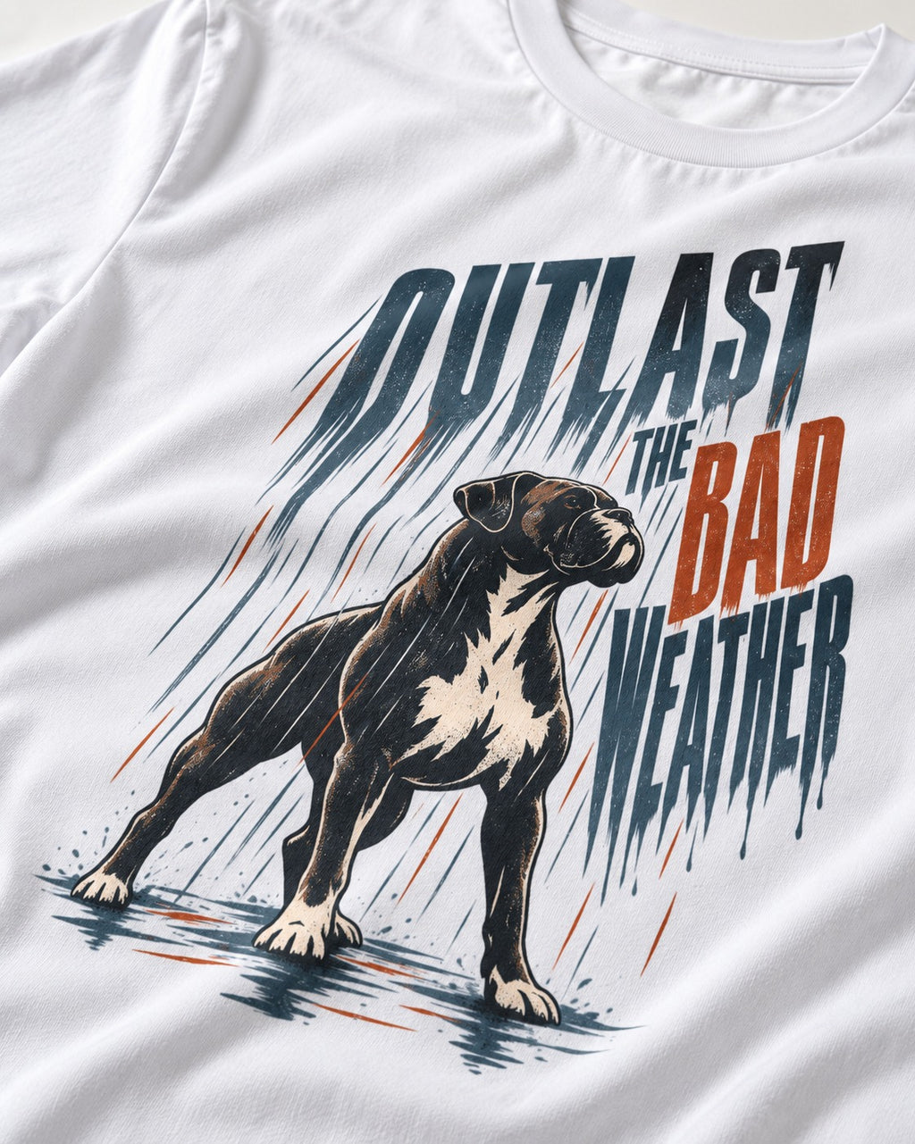 Boxer Outlast the Bad Weather T-Shirt in White, close-up of the graphic