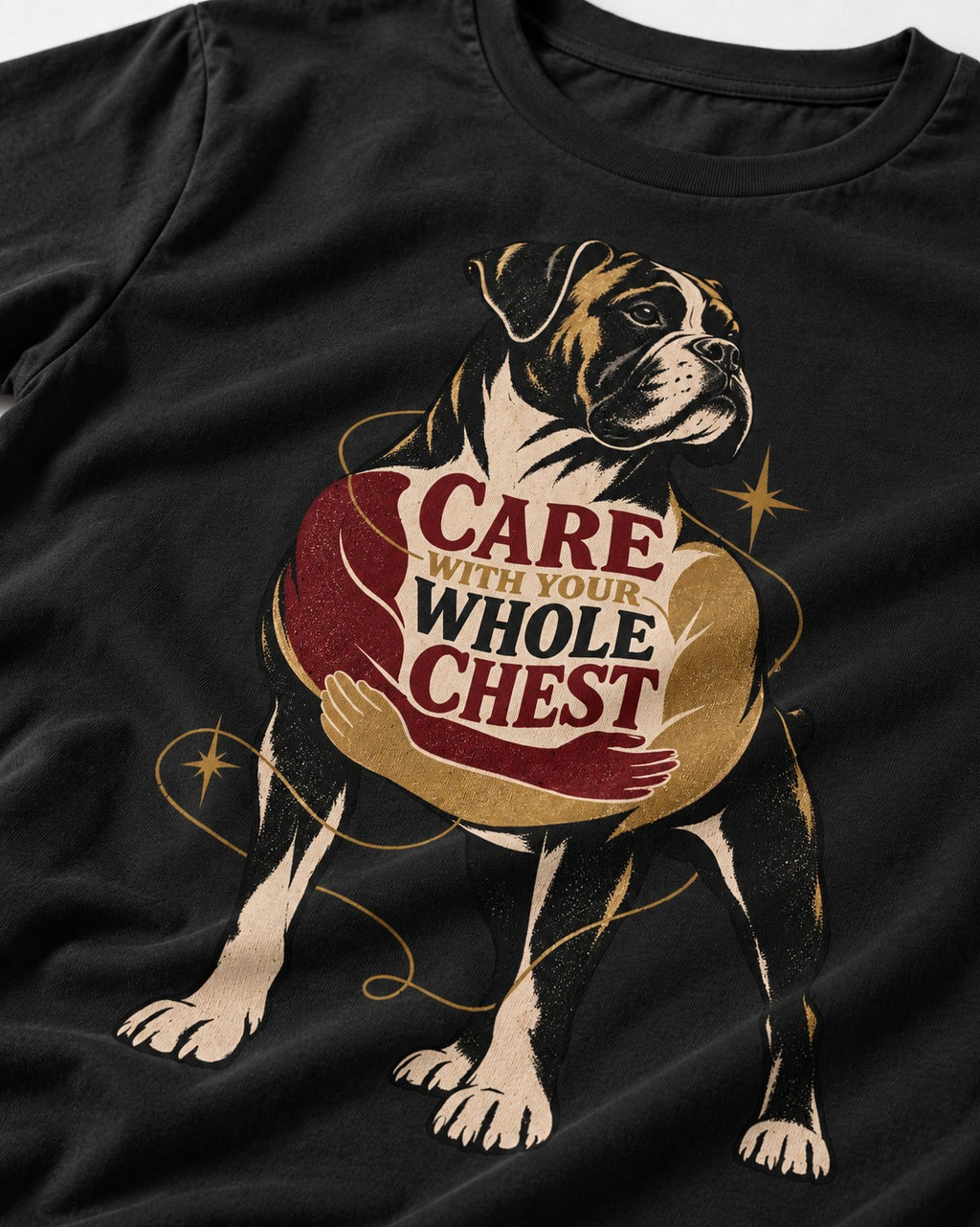 Boxer Care With Your Whole Chest T-Shirt in Black, close-up of the graphic