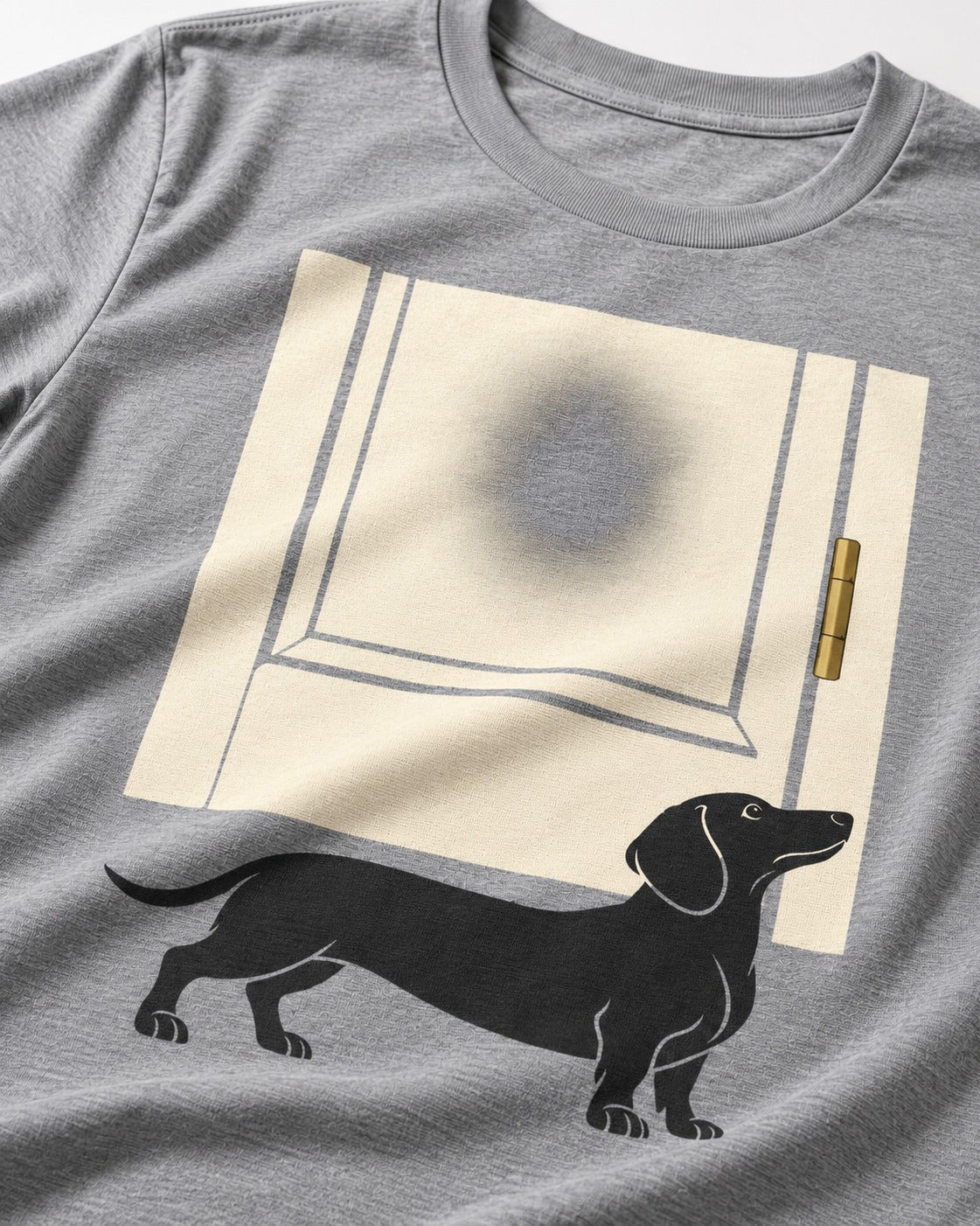 Dachshund Frosted Door Sentinel Graphic T-Shirt in Sport Grey, close-up of the graphic