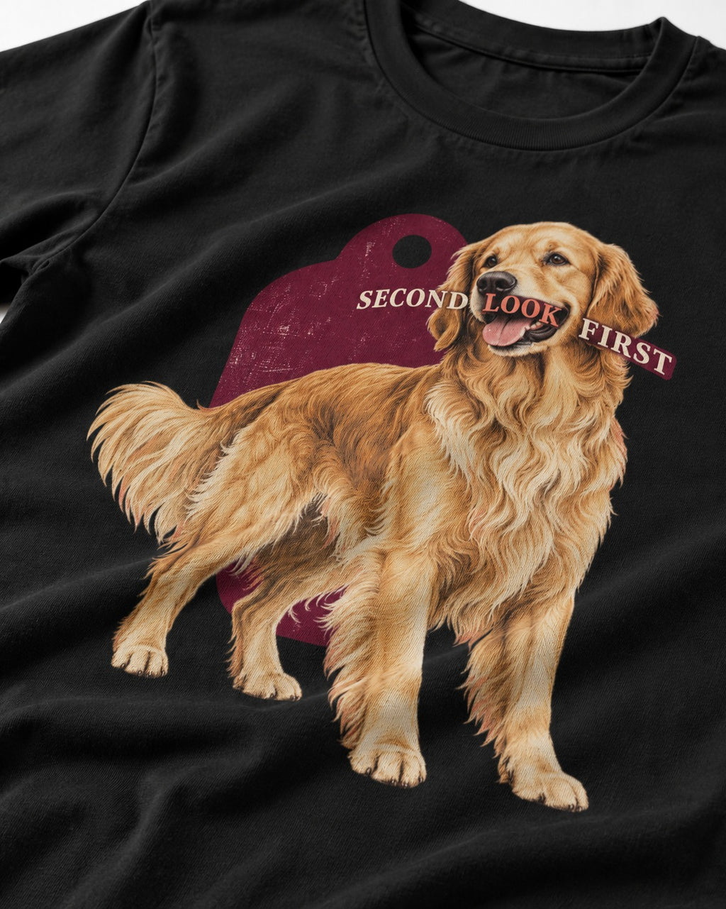 Golden Retriever Second Look First Tag Portrait Graphic T-Shirt in Black, close-up of the graphic