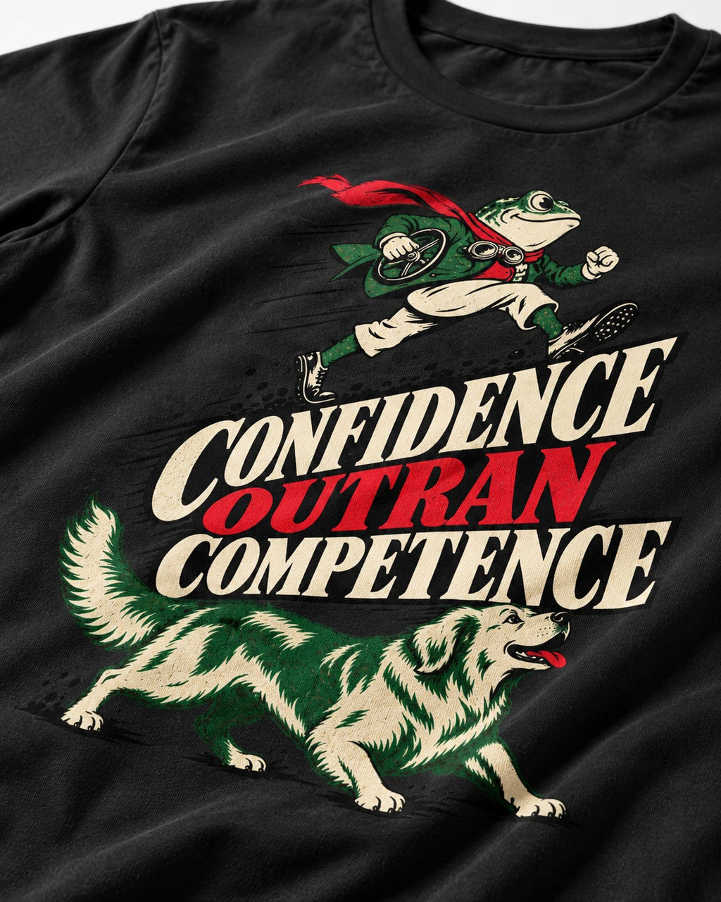 Golden Retriever Confidence Outran Competence Racing Graphic T-Shirt in Black, close-up of the graphic