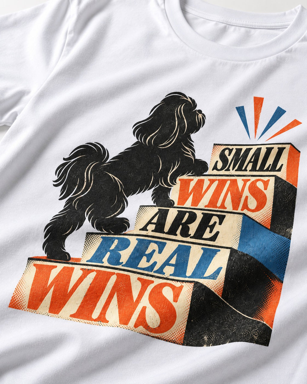 Small Wins Shih Tzu T-Shirt in White, close-up of the graphic