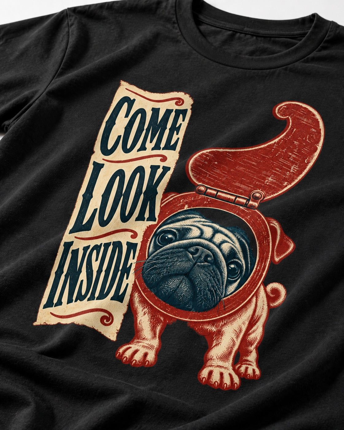 Pug Come Look Inside Toilet Seat Graphic T-Shirt in Black, close-up of the graphic