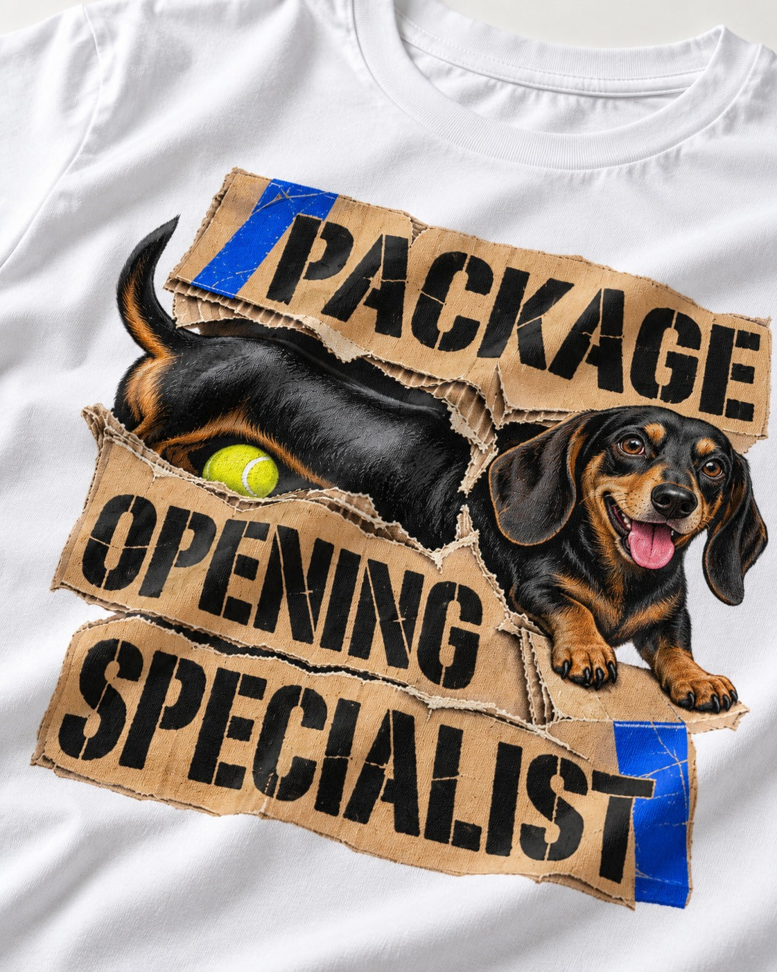 Dachshund Package Opening Specialist T-Shirt in White, close-up of the graphic