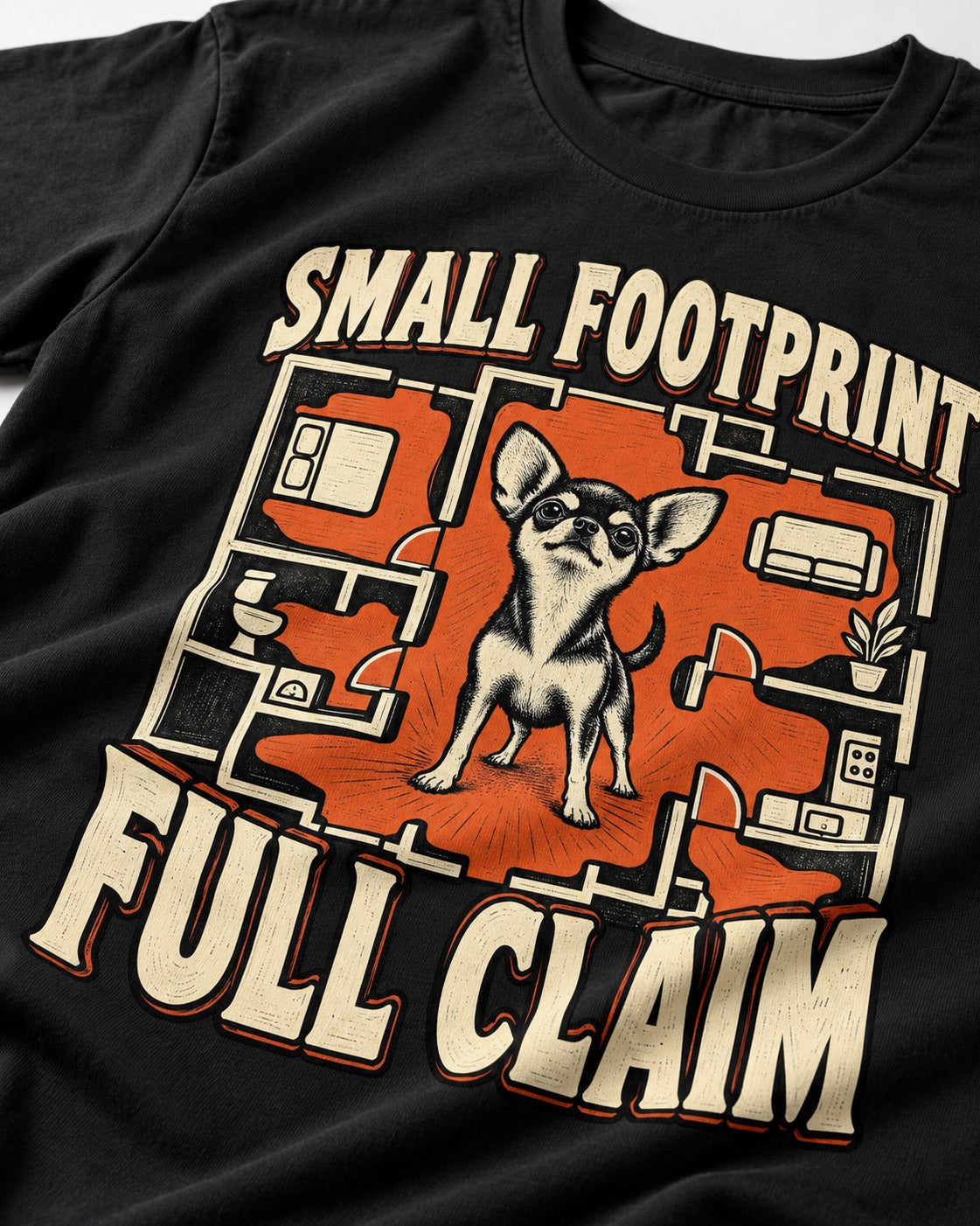 Chihuahua Small Footprint Full Claim Floor Plan Graphic T-Shirt in Black, close-up of the graphic