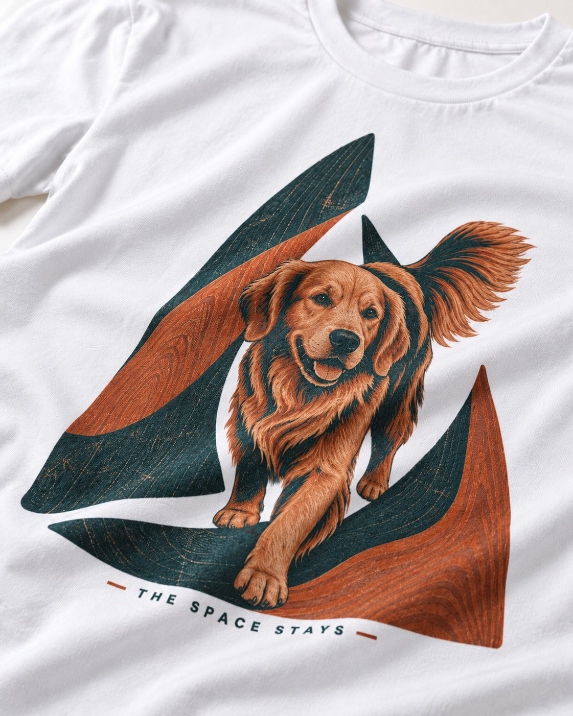 The Golden Retriever Space Stays T-Shirt in White, close-up of the graphic