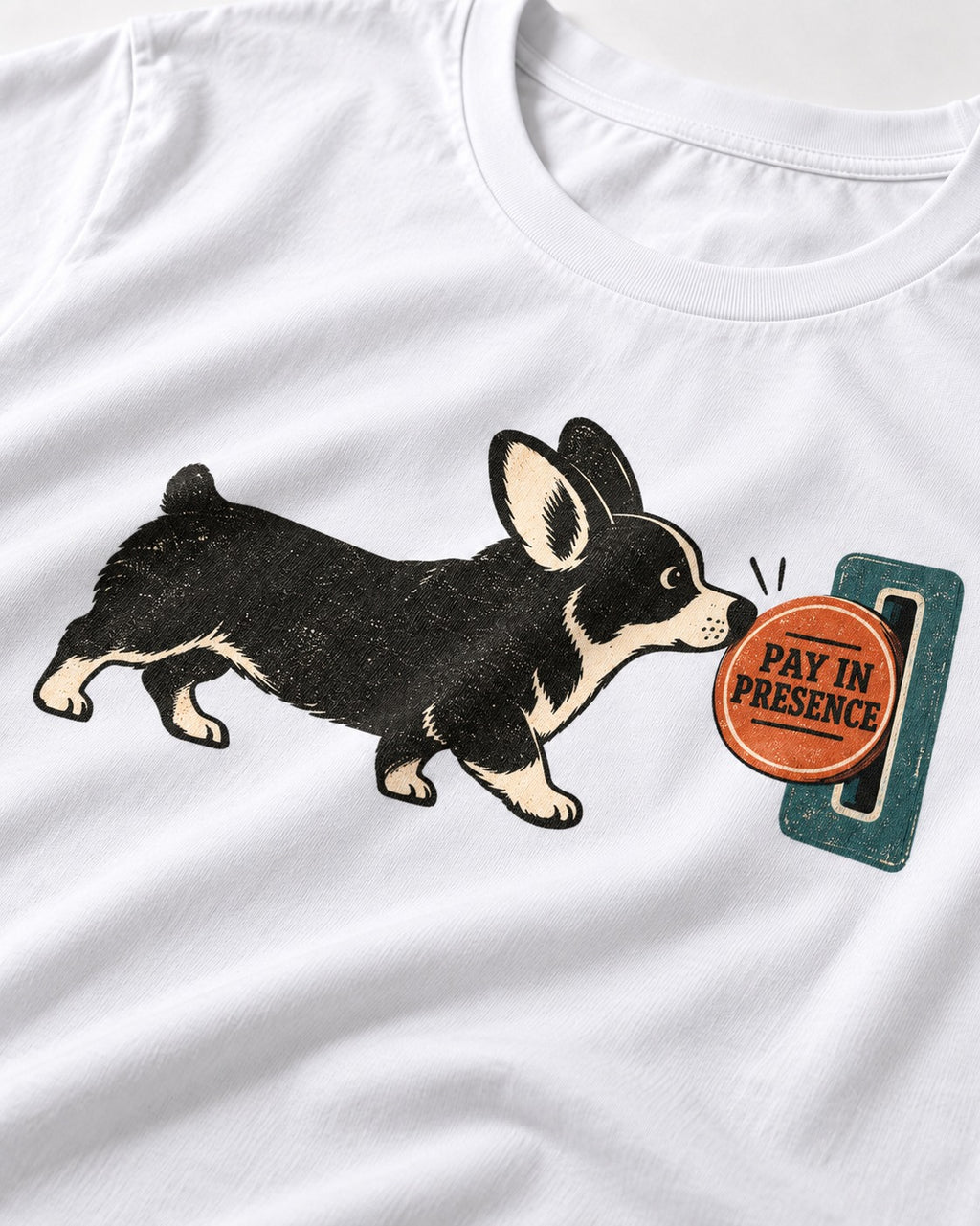 Corgi Pay in Presence T-Shirt in White, close-up of the graphic