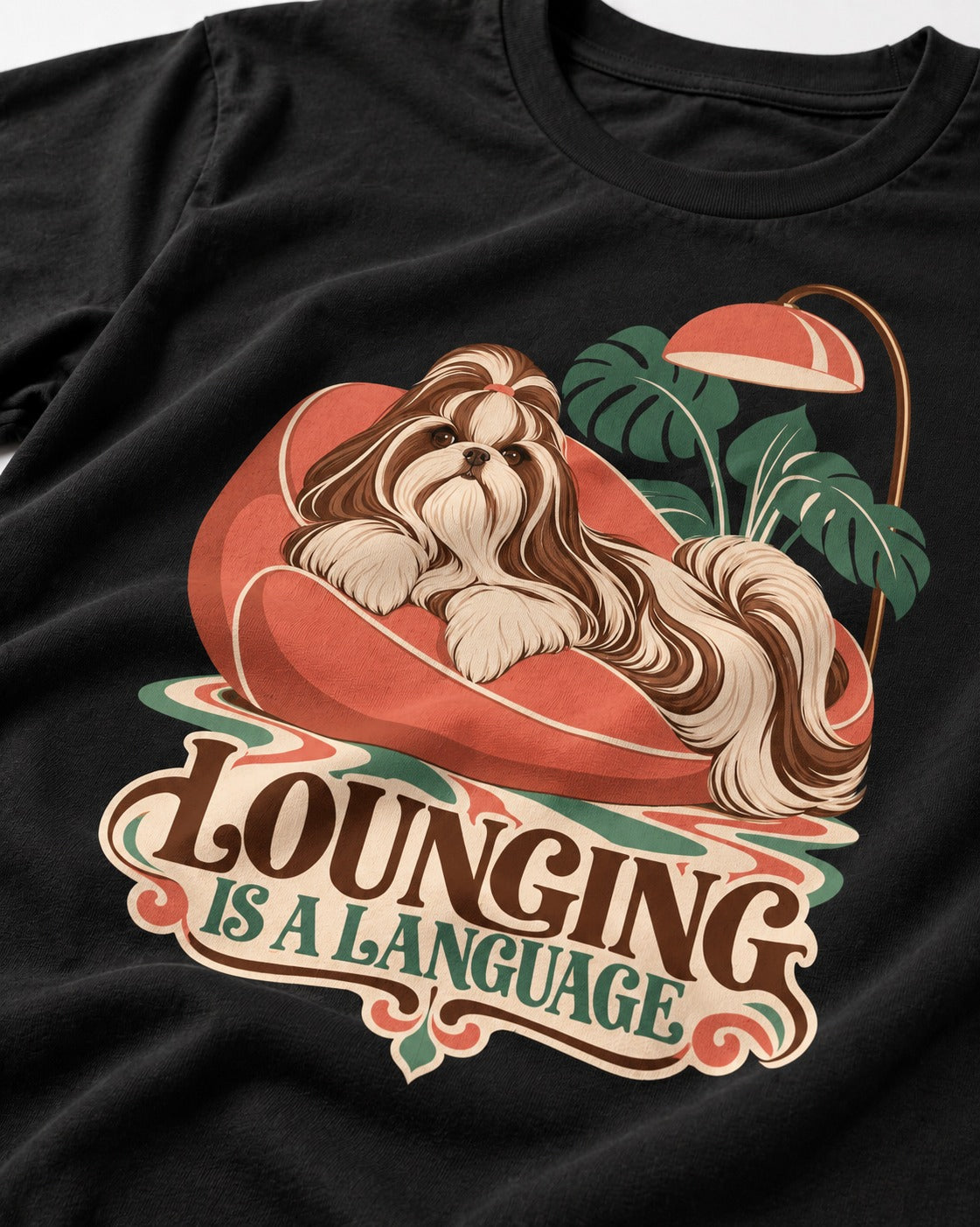 Shih Tzu Lounging Is a Language Retro Lounge Graphic T-Shirt in Black, close-up of the graphic