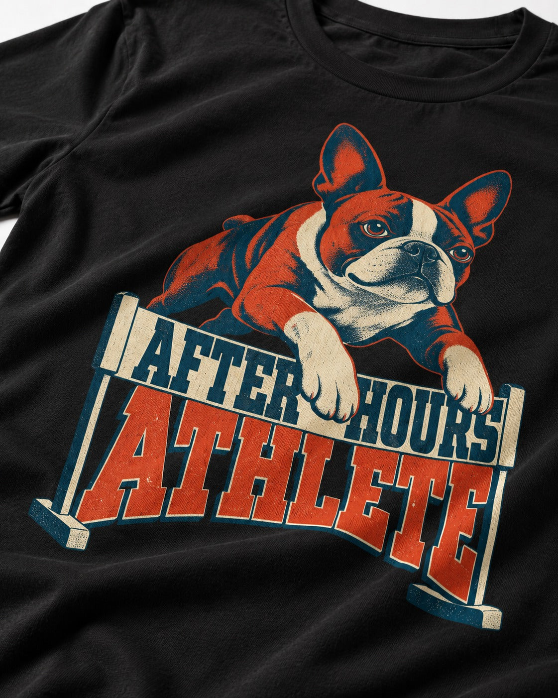 After Hours Athlete Boston Terrier T-Shirt in Black, close-up of the graphic