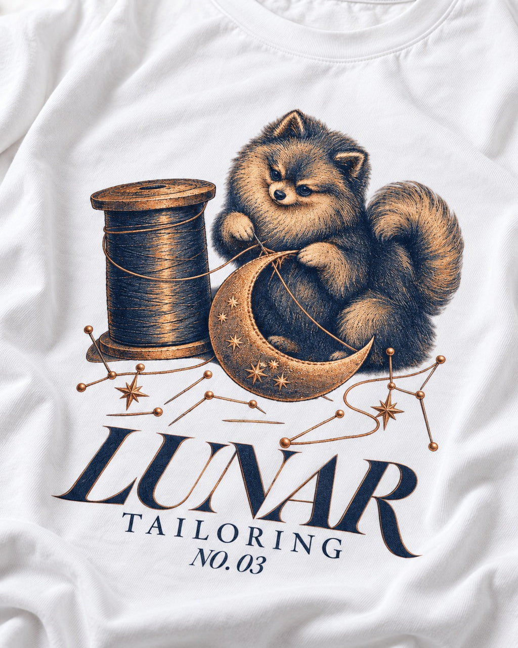 Pomeranian's Lunar Tailoring T-Shirt in White, close-up of the graphic