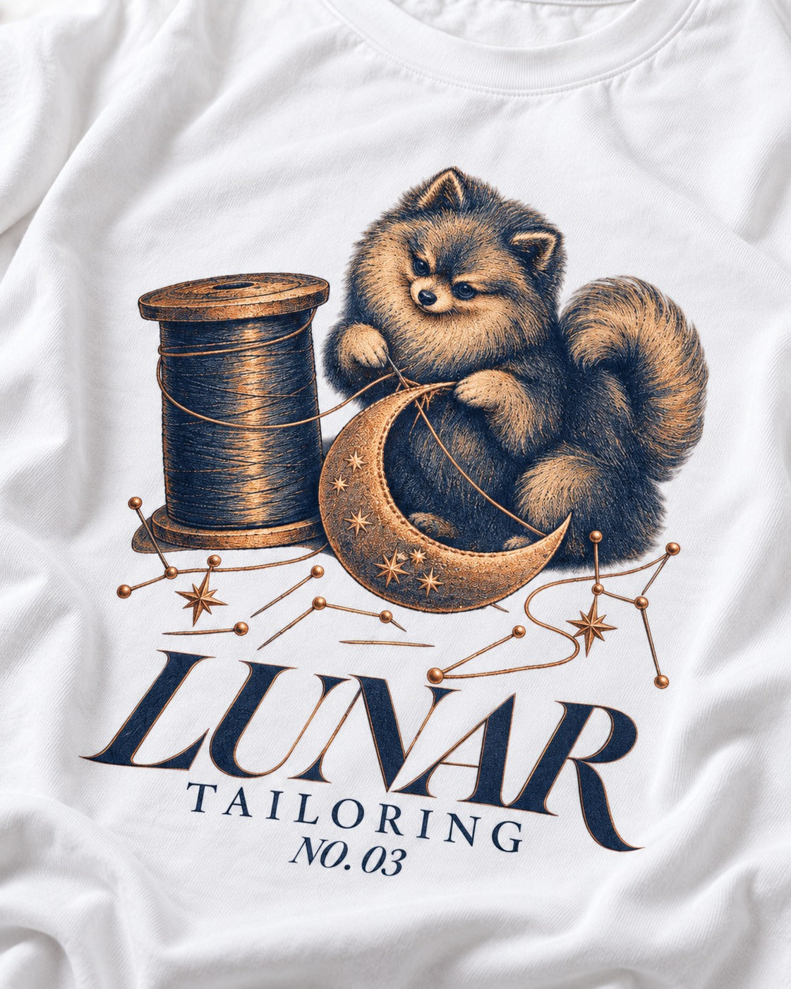 Pomeranian's Lunar Tailoring T-Shirt in White, close-up of the graphic