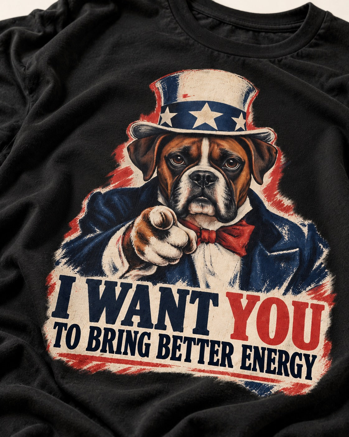I Want You to Bring Better Energy Boxer Recruitment Poster Graphic T-Shirt in Black, close-up of the graphic