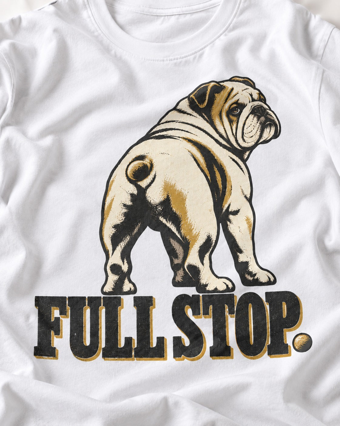 English Bulldog Full Stop T-Shirt in White, close-up of the graphic