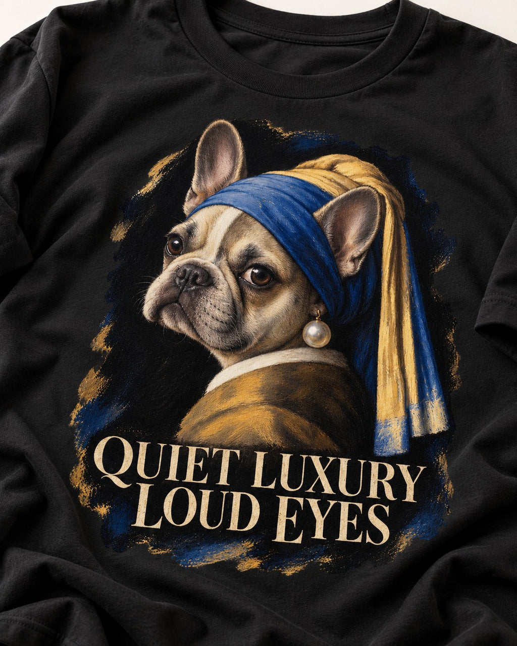 Frenchie Quiet Luxury Loud Eyes Pearl Portrait Graphic T-Shirt in Black, close-up of the graphic