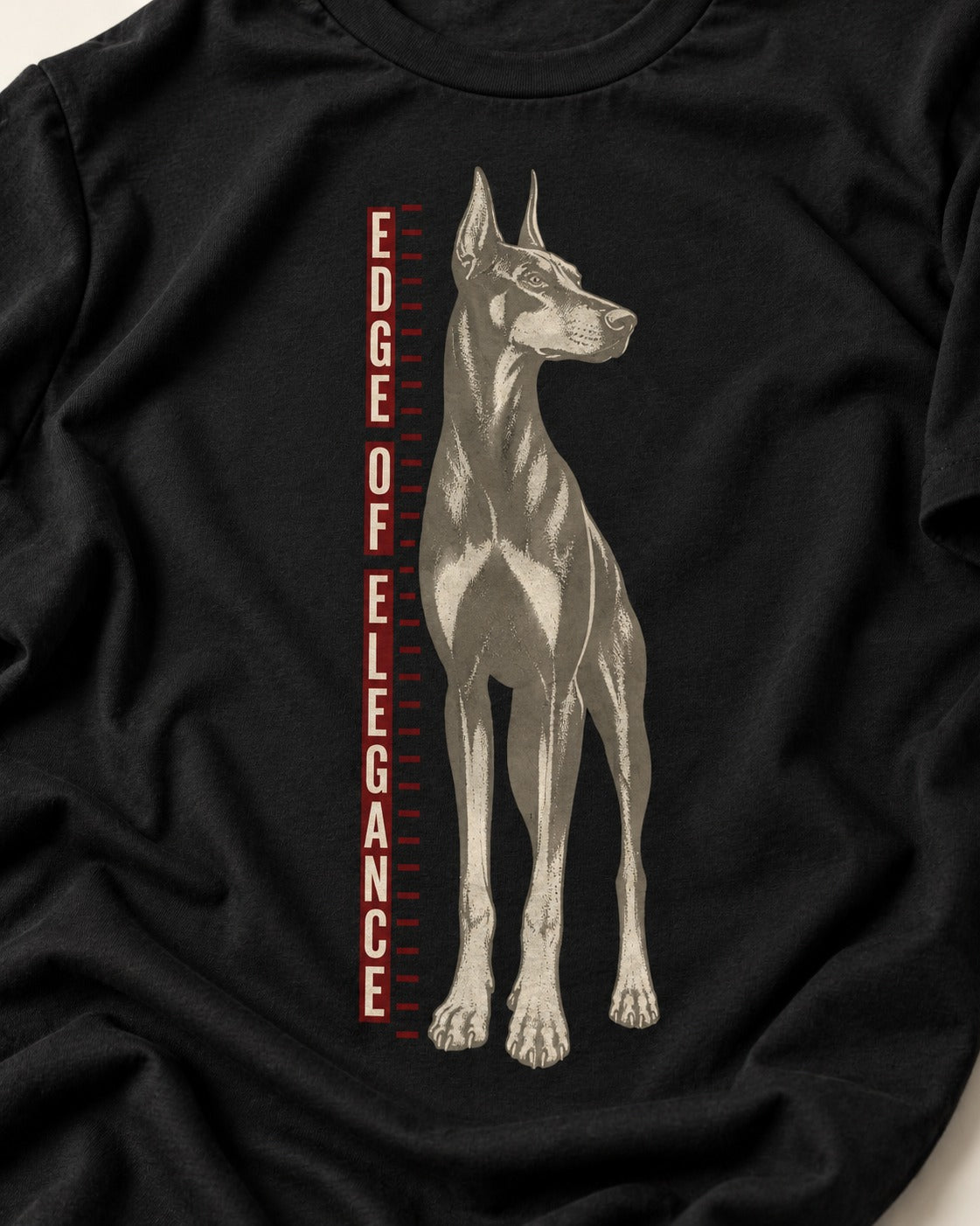 Doberman Edge of Elegance Height Chart Graphic T-Shirt in Black, close-up of the graphic