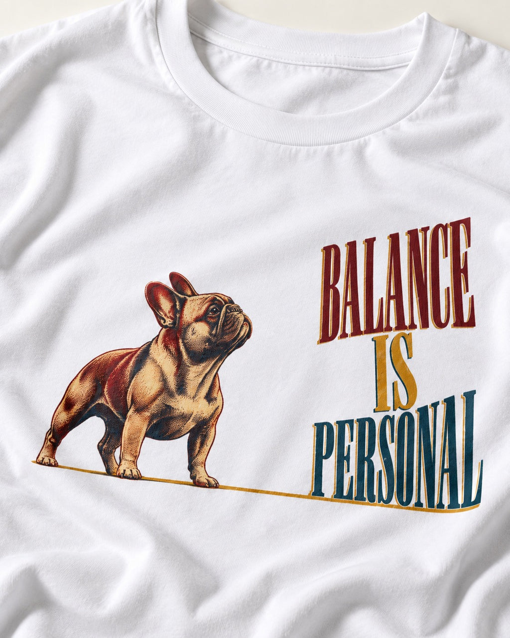 Frenchie Balance Is Personal T-Shirt in White, close-up of the graphic