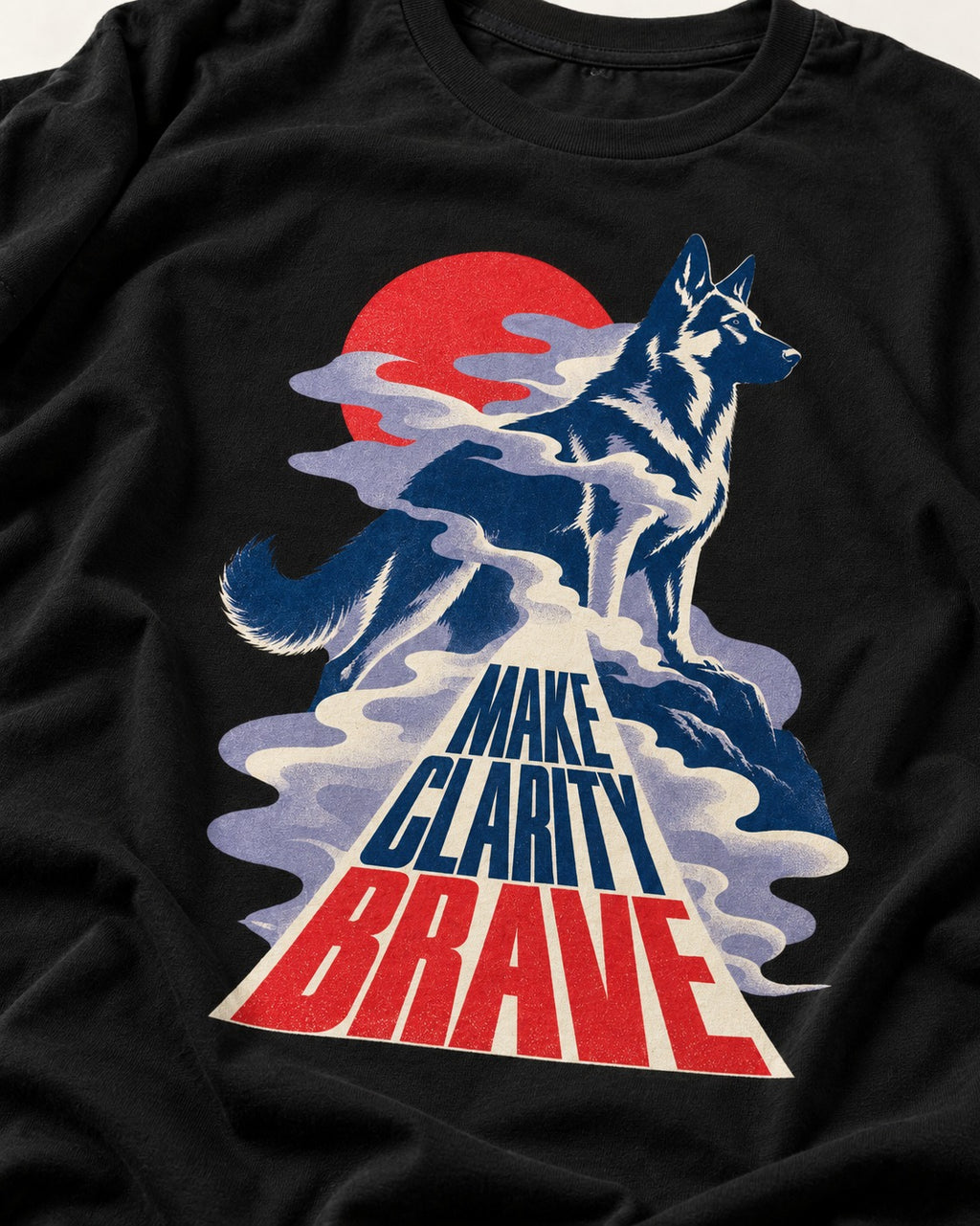 Make Clarity Brave Mountain German Shepherd Dog Graphic T-Shirt in Black, close-up of the graphic
