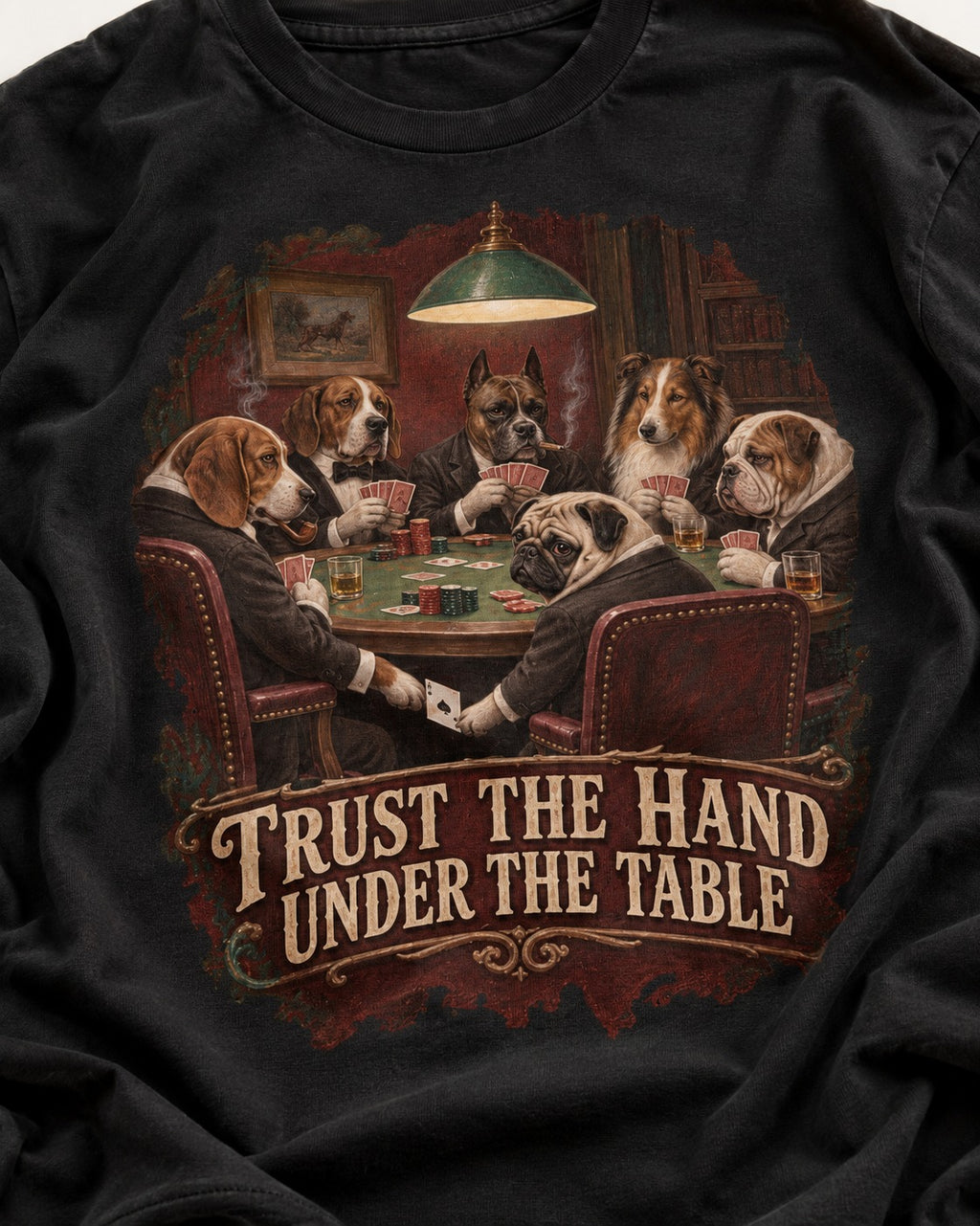 Pug Trust the Hand Under the Table Poker Graphic T-Shirt in Black, close-up of the graphic