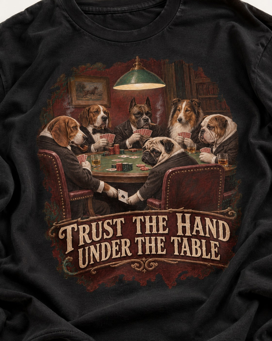 Pug Trust the Hand Under the Table Poker Graphic T-Shirt in Black, close-up of the graphic