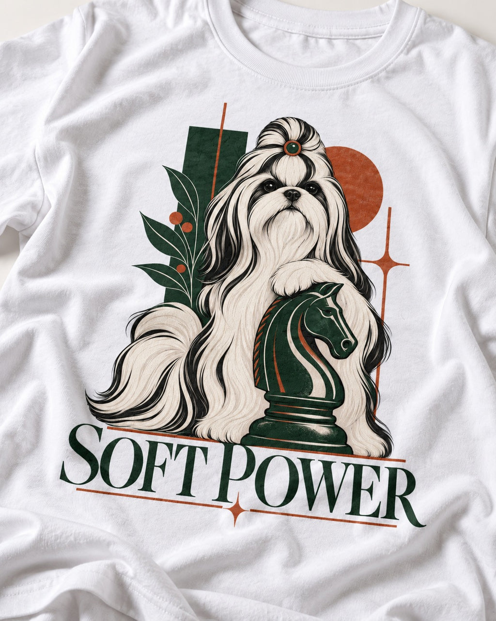 Soft Power Shih Tzu T-Shirt in White, close-up of the graphic