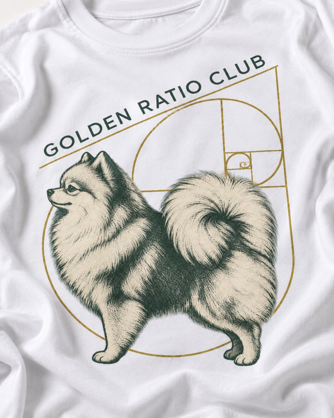 Pomeranian Golden Ratio Club T-Shirt in White, close-up of the graphic