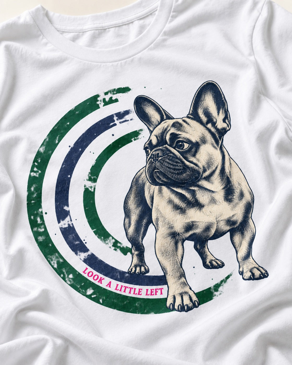 Frenchie Look a Little Left Orbit Graphic T-Shirt in White, close-up of the graphic
