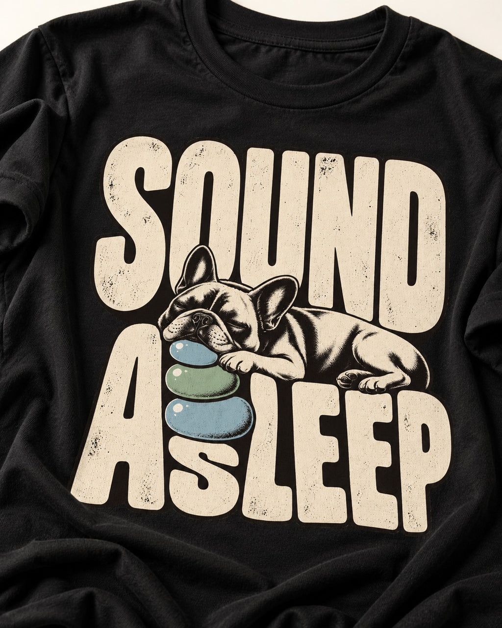 Frenchie Sound Asleep Stone Pillow Graphic T-Shirt in Black, close-up of the graphic