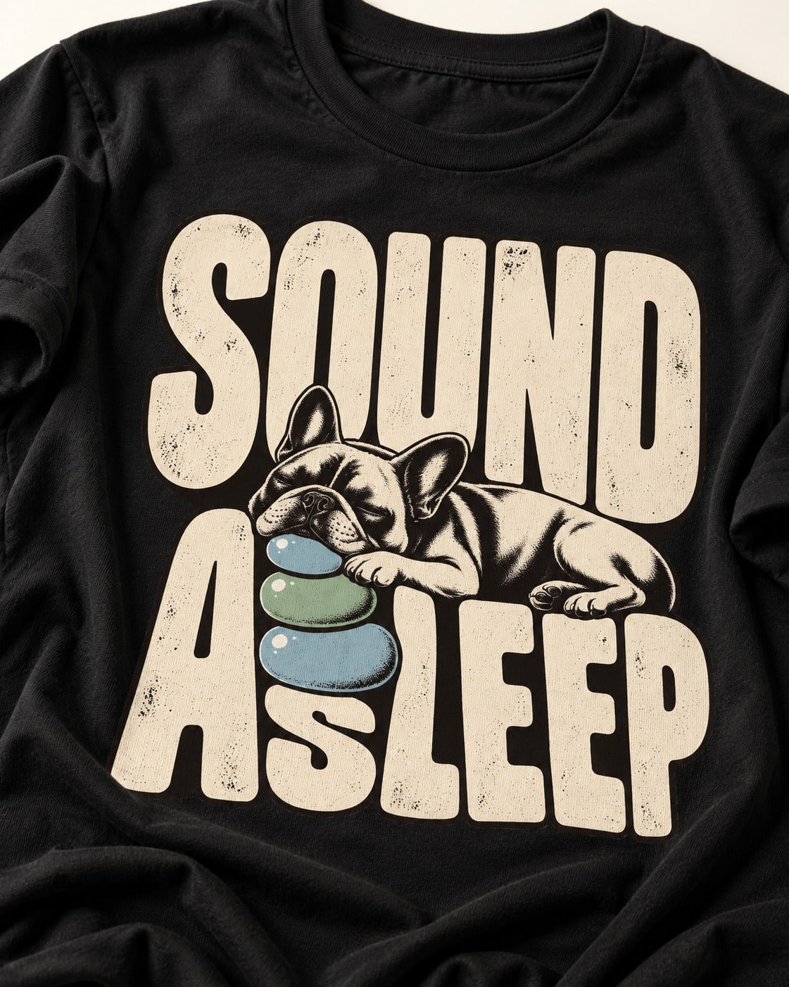 Frenchie Sound Asleep Stone Pillow Graphic T-Shirt in Black, close-up of the graphic