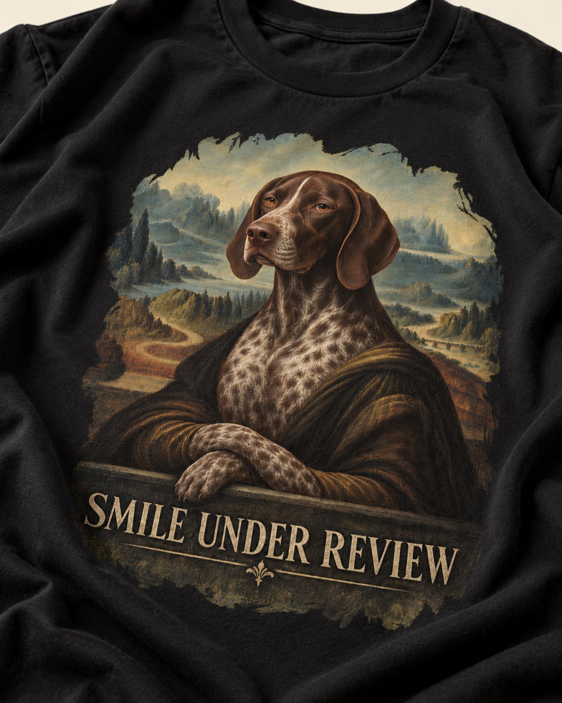 German Shorthaired Pointer Smile Under Review Renaissance Portrait Graphic T-Shirt in Black, close-up of the graphic