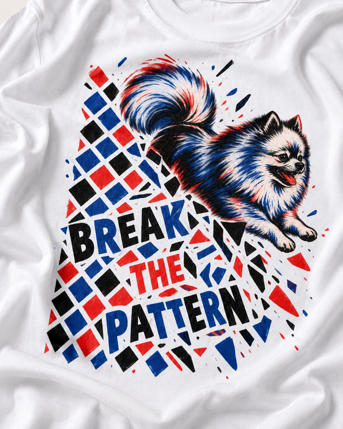 Pomeranian Break the Pattern T-Shirt in White, close-up of the graphic