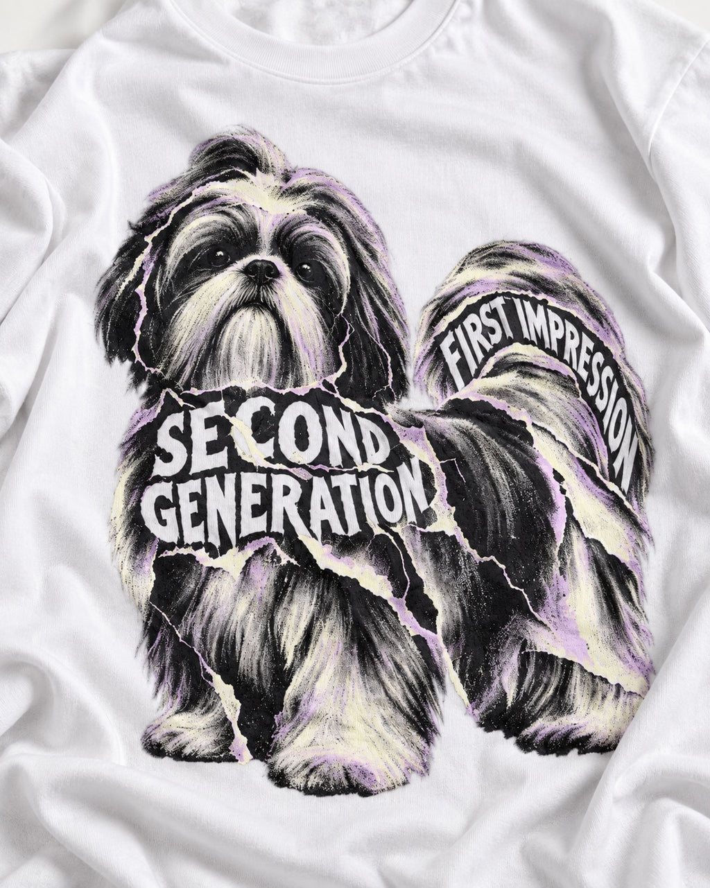 Second Generation Shih Tzu T-Shirt in White, close-up of the graphic
