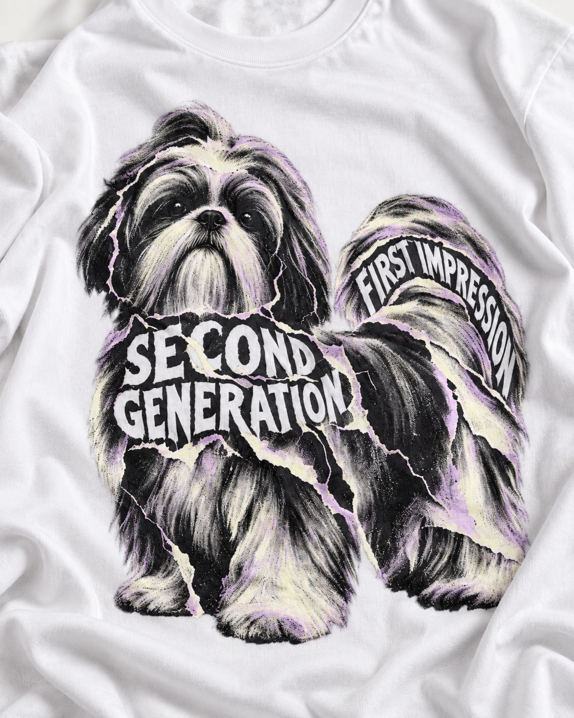 Second Generation Shih Tzu T-Shirt in White, close-up of the graphic