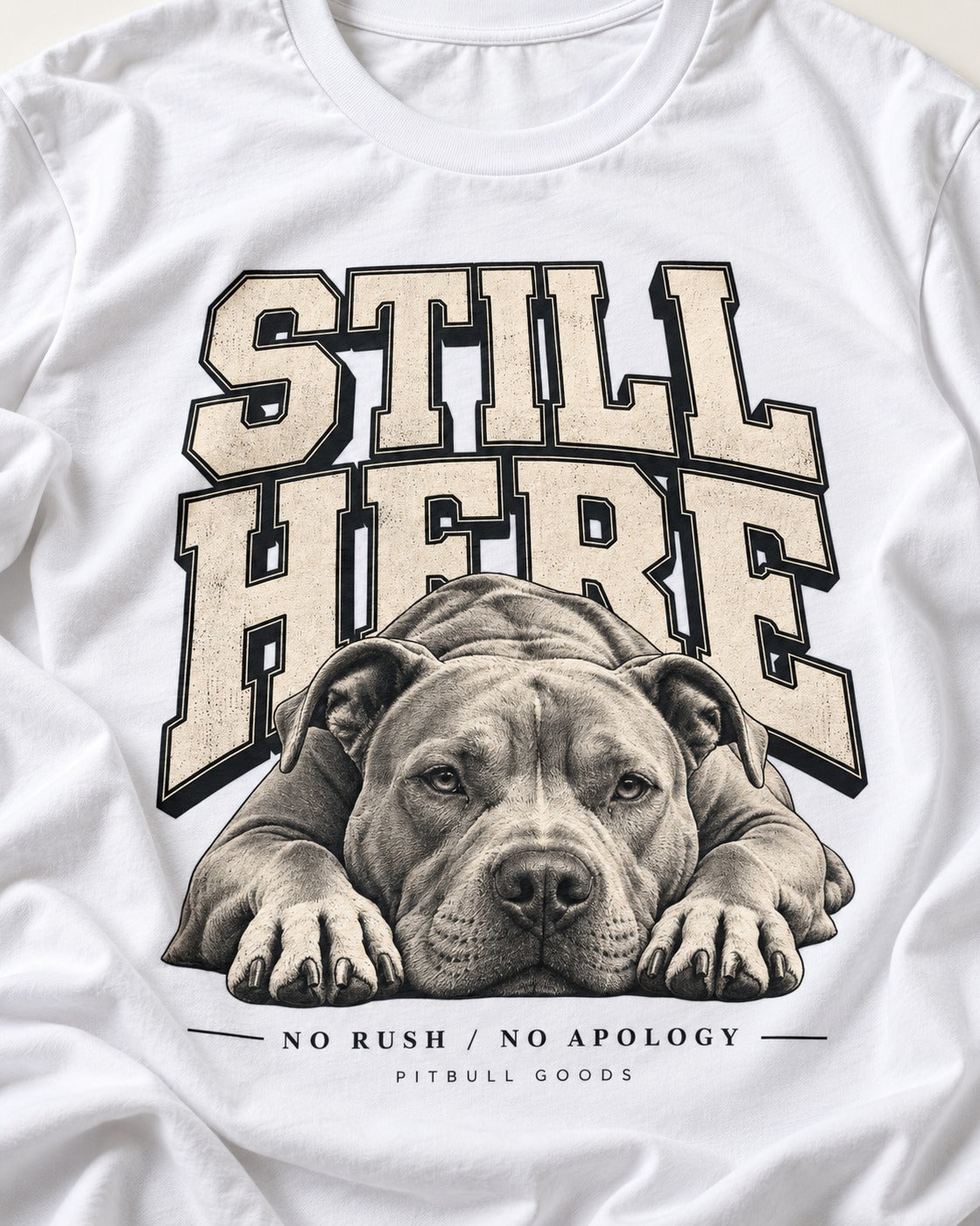 Still Here Pitbull T-Shirt in White, close-up of the graphic