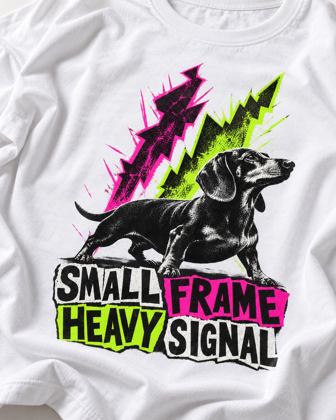 Dachshund Small Frame Heavy Signal T-Shirt in White, close-up of the graphic