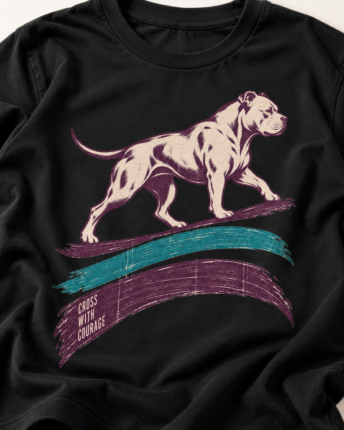 Pitbull Cross with Courage Brushstroke Graphic T-Shirt in Black, close-up of the graphic