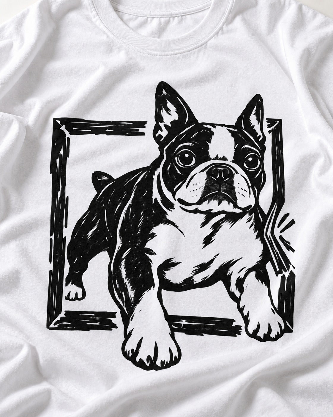 Boston Terrier Unstoppable T-Shirt in White, close-up of the graphic