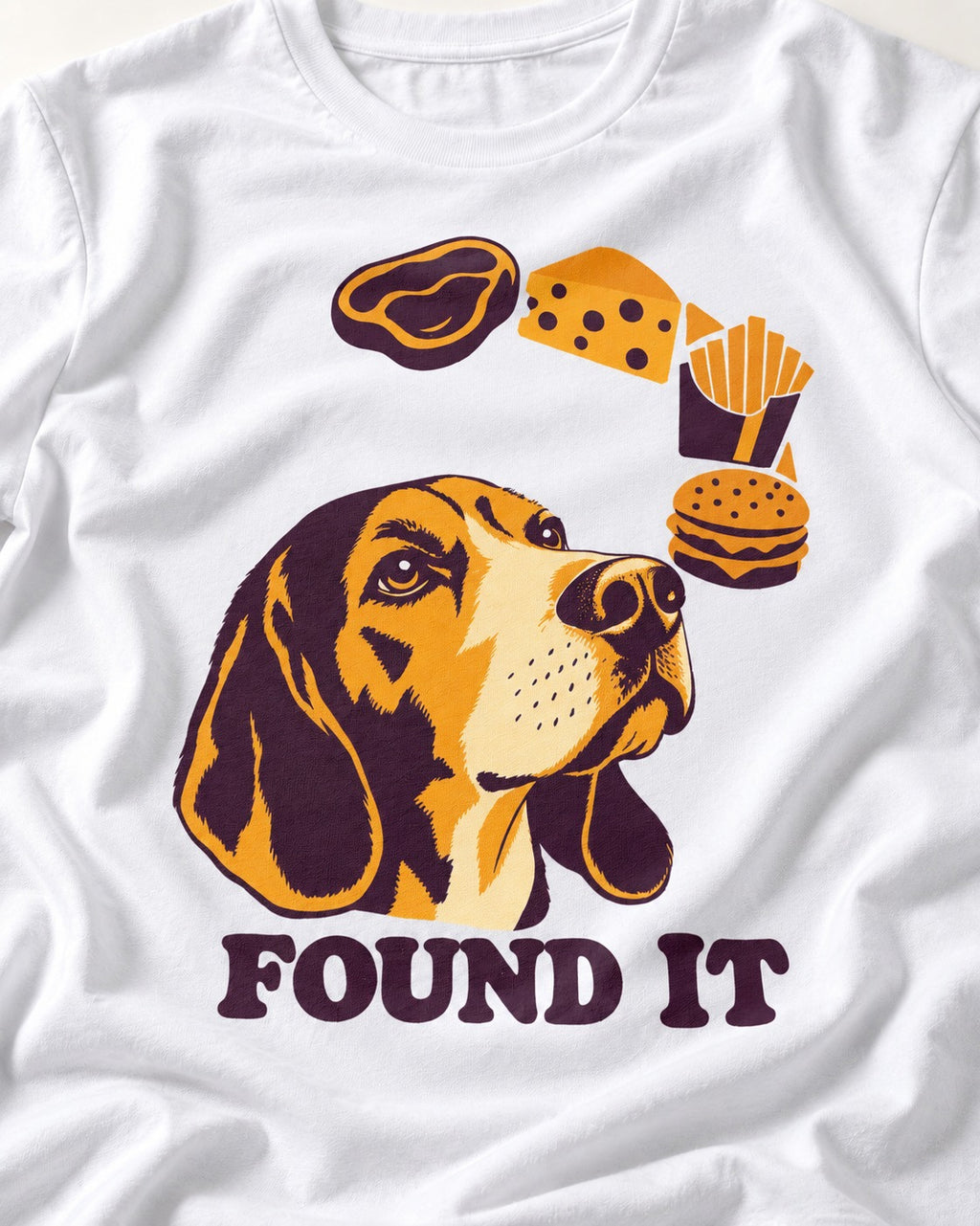 Beagle Found It T-Shirt in White, close-up of the graphic